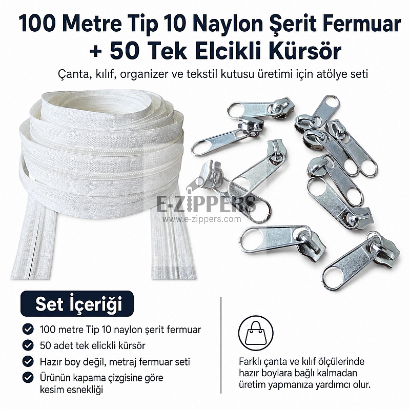 Tip 10 Naylon Şerit Fermuar Üretim Seti – 100 Metre + 50 Tek Elcikli Kürsör ST-T10T-NAYLON-100M50C