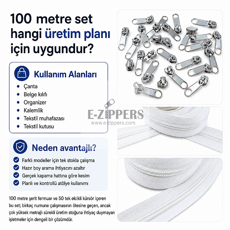 Tip 10 Naylon Şerit Fermuar Üretim Seti – 100 Metre + 50 Tek Elcikli Kürsör ST-T10T-NAYLON-100M50C