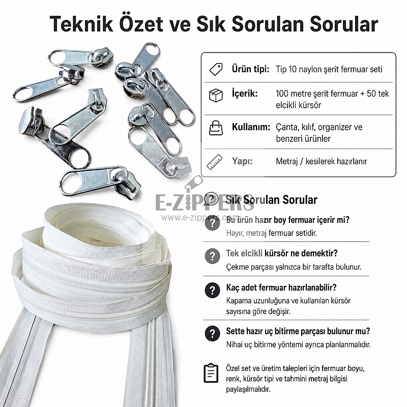 Tip 10 Naylon Şerit Fermuar Üretim Seti – 100 Metre + 50 Tek Elcikli Kürsör ST-T10T-NAYLON-100M50C