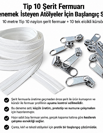 Tip 10 Naylon Şerit Fermuar Başlangıç Seti – 10 Metre + 10 Tek Elcikli Kürsör ST-T10T-NAYLON-10M10C