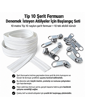 Tip 10 Naylon Şerit Fermuar Başlangıç Seti – 10 Metre + 10 Tek Elcikli Kürsör ST-T10T-NAYLON-10M10C