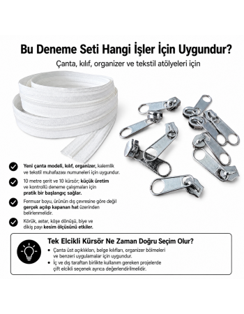 Tip 10 Naylon Şerit Fermuar Başlangıç Seti – 10 Metre + 10 Tek Elcikli Kürsör ST-T10T-NAYLON-10M10C