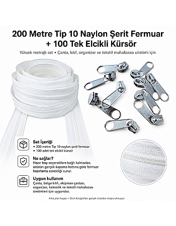 Çanta ve Kılıf Atölyeleri İçin Tip 10 Naylon Şerit Fermuar Üretim Seti – 200 Metre + 100 Tek Elcikli Kürsör ST-T10T-NAYLON-200M100C