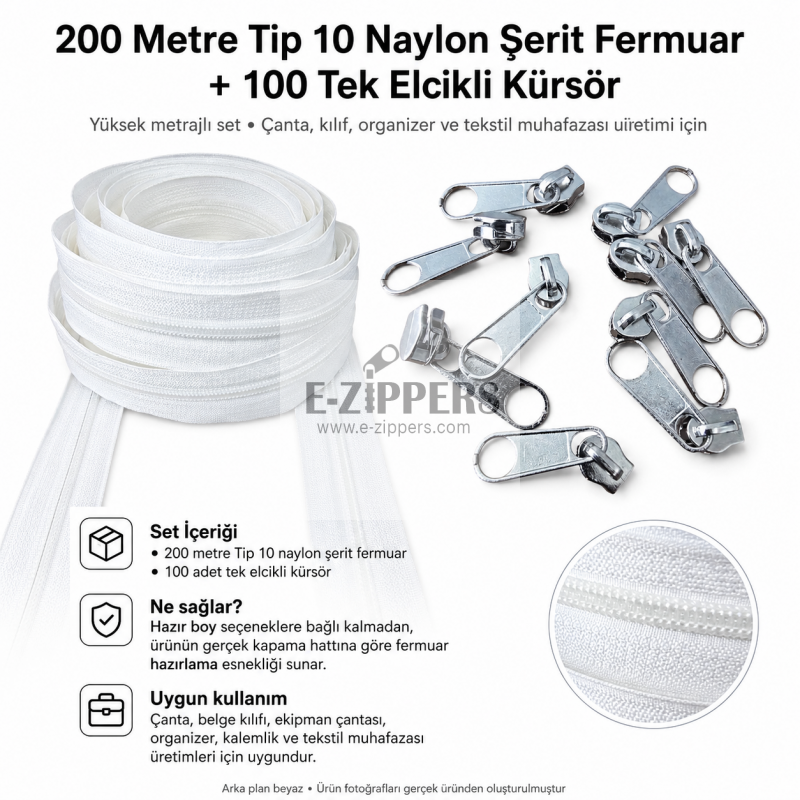 Çanta ve Kılıf Atölyeleri İçin Tip 10 Naylon Şerit Fermuar Üretim Seti – 200 Metre + 100 Tek Elcikli Kürsör ST-T10T-NAYLON-200M100C