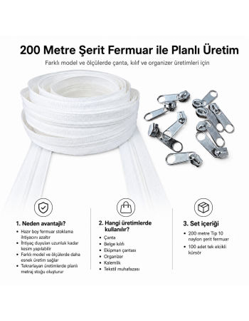 Çanta ve Kılıf Atölyeleri İçin Tip 10 Naylon Şerit Fermuar Üretim Seti – 200 Metre + 100 Tek Elcikli Kürsör ST-T10T-NAYLON-200M100C