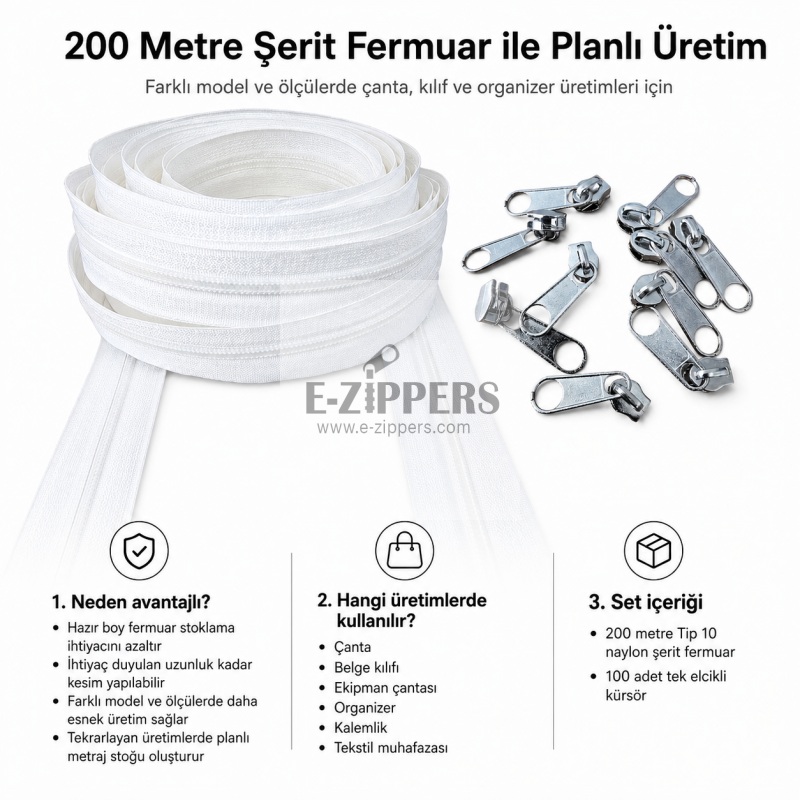 Çanta ve Kılıf Atölyeleri İçin Tip 10 Naylon Şerit Fermuar Üretim Seti – 200 Metre + 100 Tek Elcikli Kürsör ST-T10T-NAYLON-200M100C