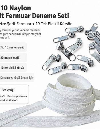 Tip 10 Naylon Şerit Fermuar Deneme Seti – 20 Metre + 10 Tek Elcikli Kürsör ST-T10T-NAYLON-20M10C