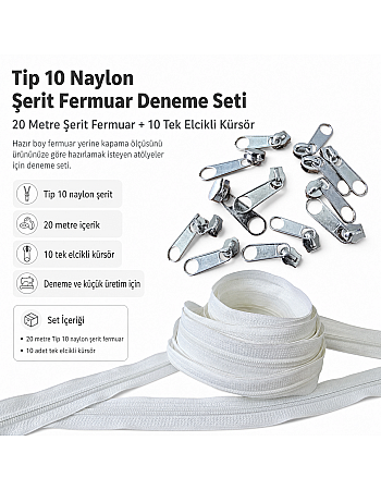 Tip 10 Naylon Şerit Fermuar Deneme Seti – 20 Metre + 10 Tek Elcikli Kürsör ST-T10T-NAYLON-20M10C