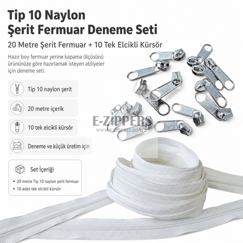 Tip 10 Naylon Şerit Fermuar Deneme Seti – 20 Metre + 10 Tek Elcikli Kürsör ST-T10T-NAYLON-20M10C