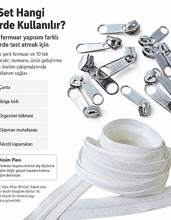 Tip 10 Naylon Şerit Fermuar Deneme Seti – 20 Metre + 10 Tek Elcikli Kürsör ST-T10T-NAYLON-20M10C