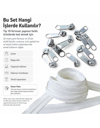 Tip 10 Naylon Şerit Fermuar Deneme Seti – 20 Metre + 10 Tek Elcikli Kürsör ST-T10T-NAYLON-20M10C