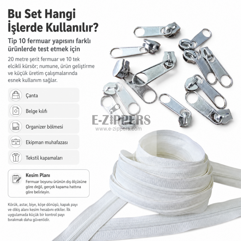 Tip 10 Naylon Şerit Fermuar Deneme Seti – 20 Metre + 10 Tek Elcikli Kürsör ST-T10T-NAYLON-20M10C