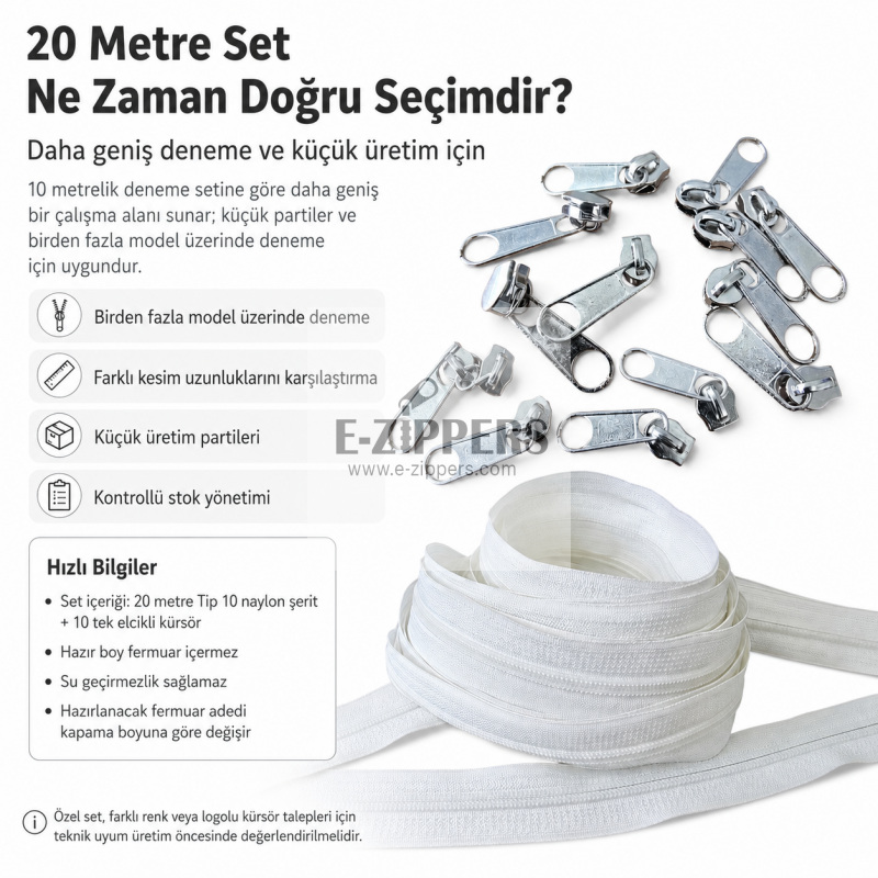Tip 10 Naylon Şerit Fermuar Deneme Seti – 20 Metre + 10 Tek Elcikli Kürsör ST-T10T-NAYLON-20M10C