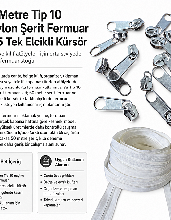 Atölye, Çanta ve Kılıf Üretimi İçin Tip 10 Naylon Şerit Fermuar Seti – 50 Metre + 25 Tek Elcikli Kürsör ST-T10T-NAYLON-50M25C