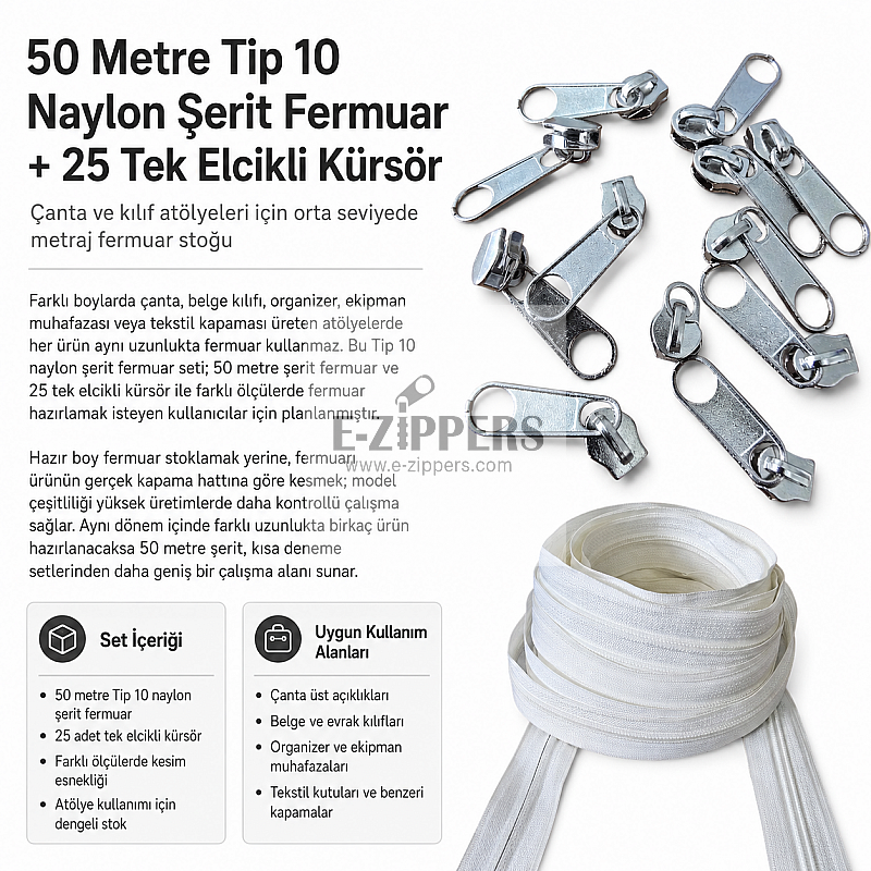 Atölye, Çanta ve Kılıf Üretimi İçin Tip 10 Naylon Şerit Fermuar Seti – 50 Metre + 25 Tek Elcikli Kürsör ST-T10T-NAYLON-50M25C
