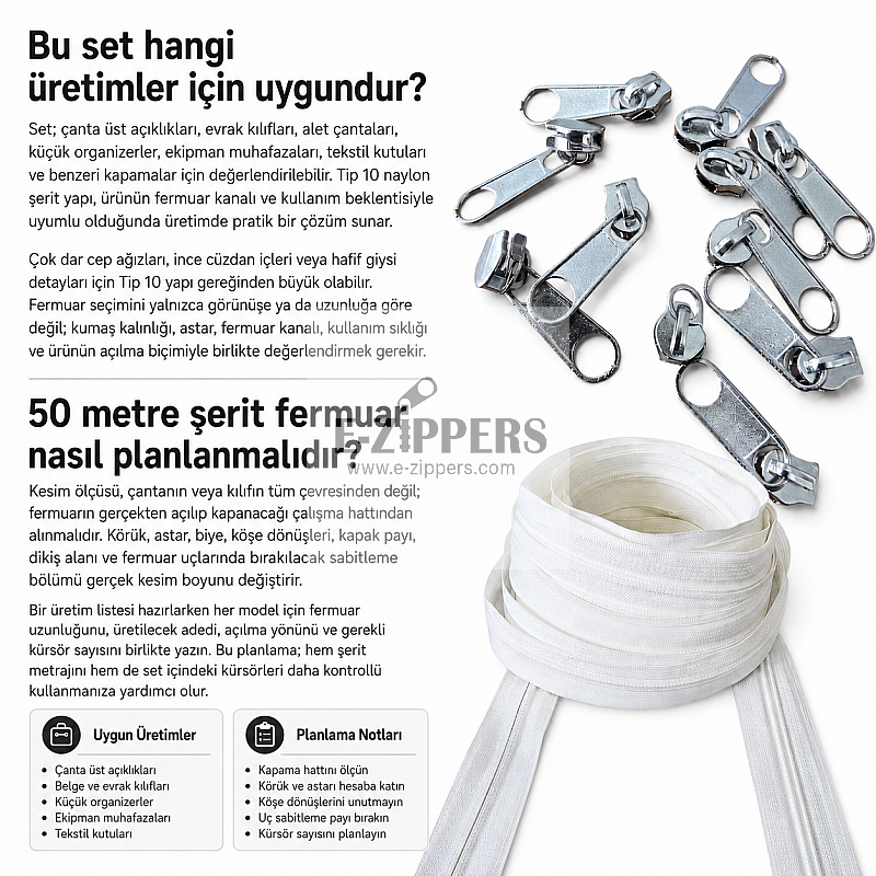 Atölye, Çanta ve Kılıf Üretimi İçin Tip 10 Naylon Şerit Fermuar Seti – 50 Metre + 25 Tek Elcikli Kürsör ST-T10T-NAYLON-50M25C