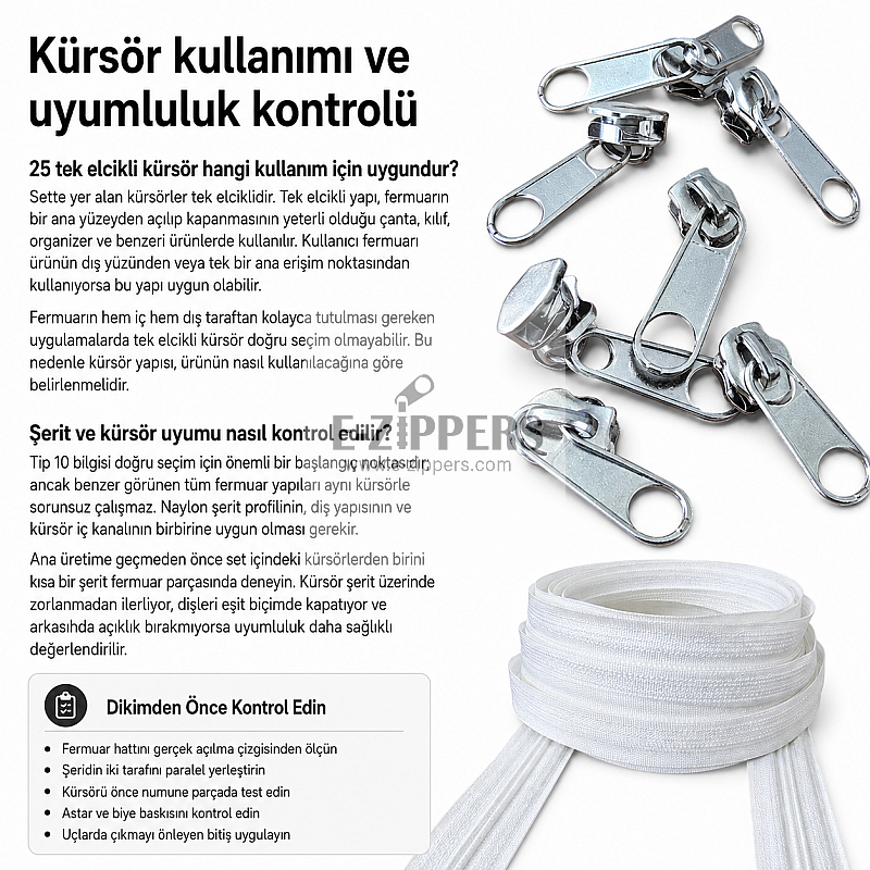 Atölye, Çanta ve Kılıf Üretimi İçin Tip 10 Naylon Şerit Fermuar Seti – 50 Metre + 25 Tek Elcikli Kürsör ST-T10T-NAYLON-50M25C