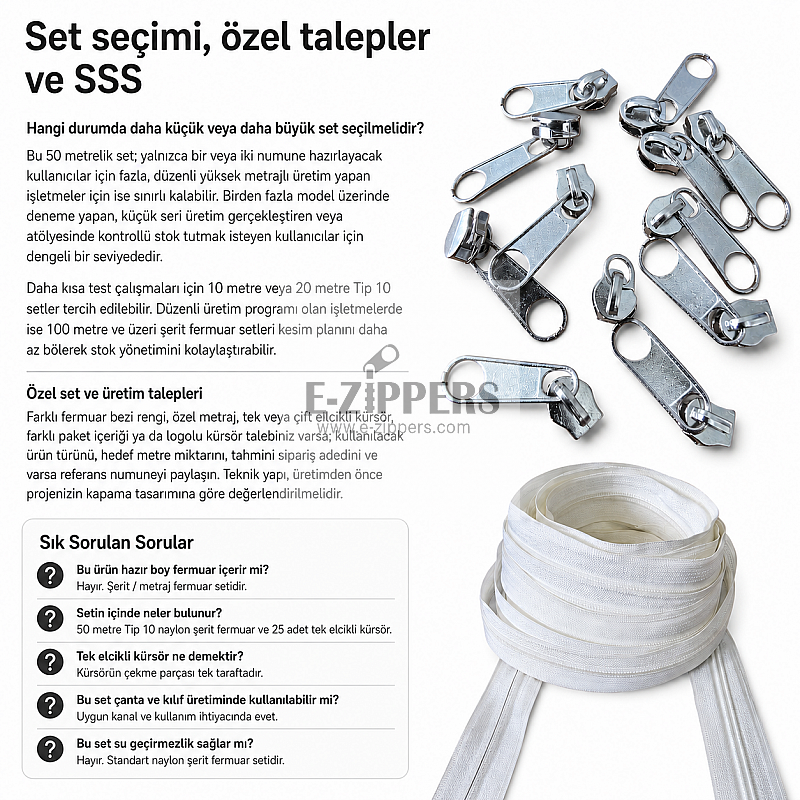 Atölye, Çanta ve Kılıf Üretimi İçin Tip 10 Naylon Şerit Fermuar Seti – 50 Metre + 25 Tek Elcikli Kürsör ST-T10T-NAYLON-50M25C