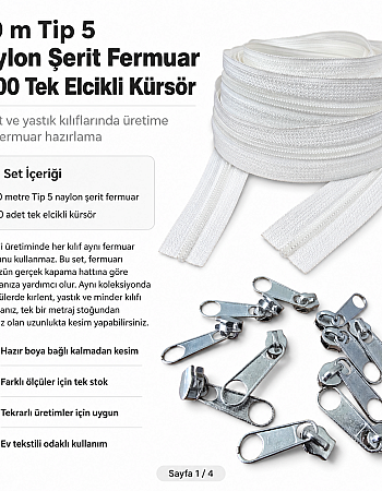 Kırlent, Minder ve Yastık Kılıfları İçin Tip 5 Naylon Şerit Fermuar Üretim Seti – 100 Metre + 200 Tek Elcikli Kürsör ST-T5T-NAYLON-100M200K