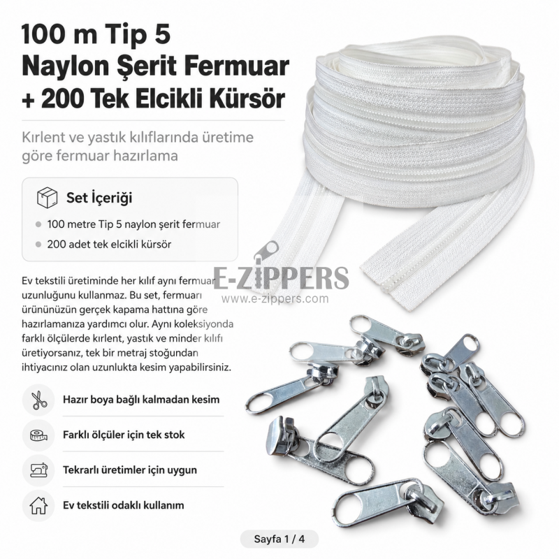 Kırlent, Minder ve Yastık Kılıfları İçin Tip 5 Naylon Şerit Fermuar Üretim Seti – 100 Metre + 200 Tek Elcikli Kürsör ST-T5T-NAYLON-100M200K