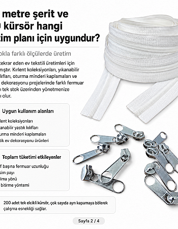 Kırlent, Minder ve Yastık Kılıfları İçin Tip 5 Naylon Şerit Fermuar Üretim Seti – 100 Metre + 200 Tek Elcikli Kürsör ST-T5T-NAYLON-100M200K