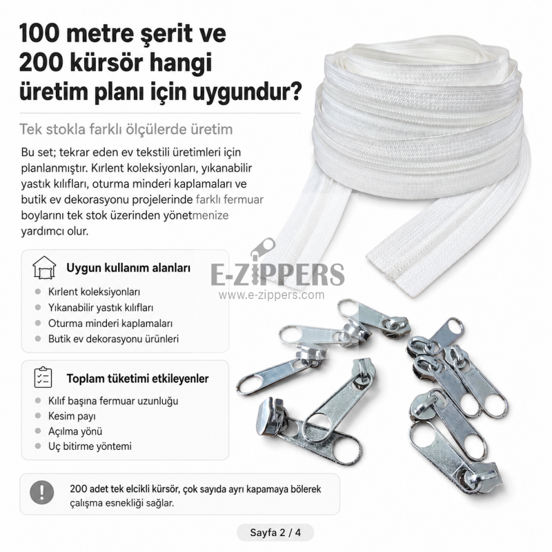 Kırlent, Minder ve Yastık Kılıfları İçin Tip 5 Naylon Şerit Fermuar Üretim Seti – 100 Metre + 200 Tek Elcikli Kürsör ST-T5T-NAYLON-100M200K