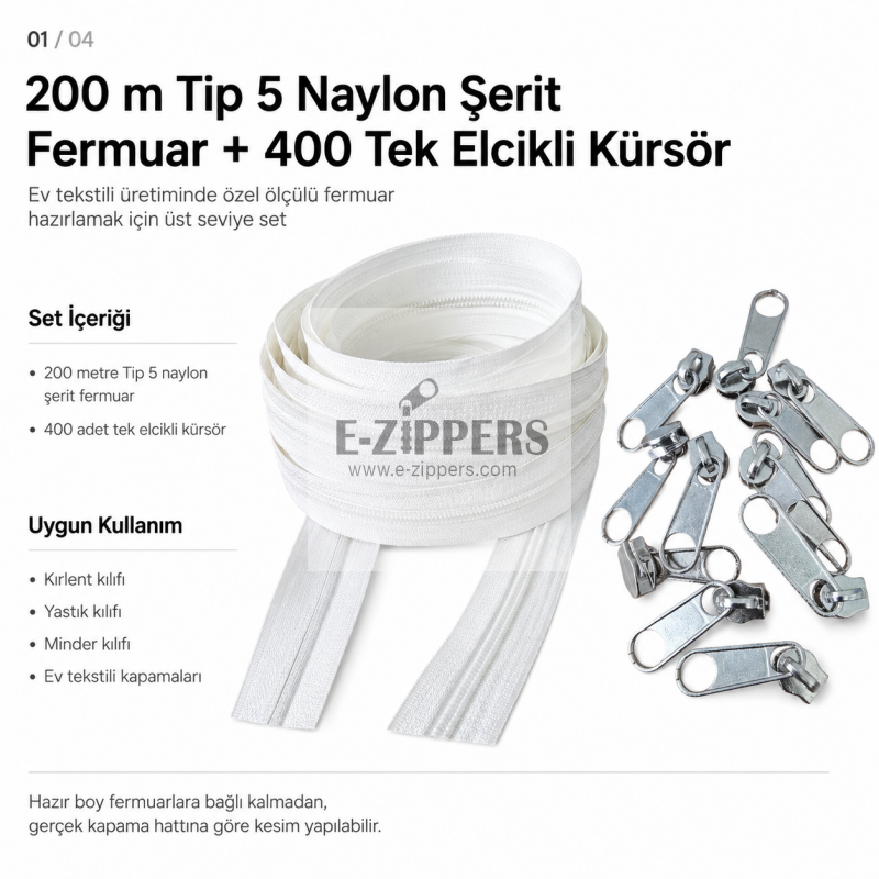 200 metre T5 naylon metraj fermuar 400 tek elcikli kürsör paketi