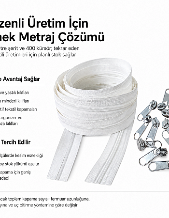 Kırlent, Minder ve Yastık Kılıfları İçin Tip 5 Naylon Şerit Fermuar Üretim Seti – 200 Metre + 400 Tek Elcikli Kürsör ST-T5T-NAYLON-200M400K
