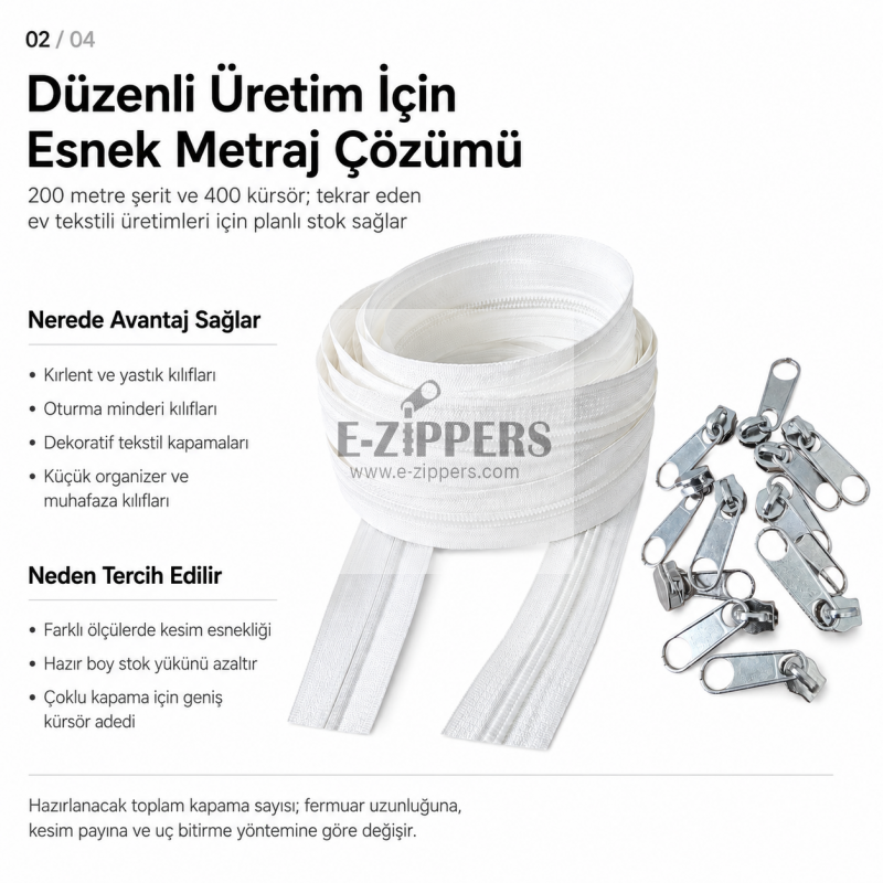 200 metre T5 naylon metraj fermuar 400 tek elcikli kürsör paketi