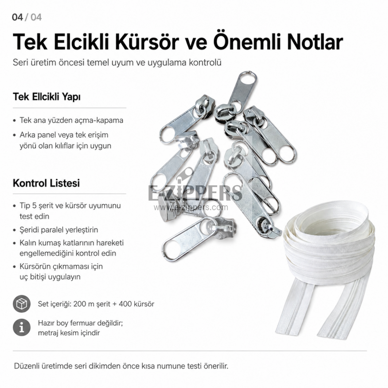 200 metre T5 naylon metraj fermuar 400 tek elcikli kürsör paketi