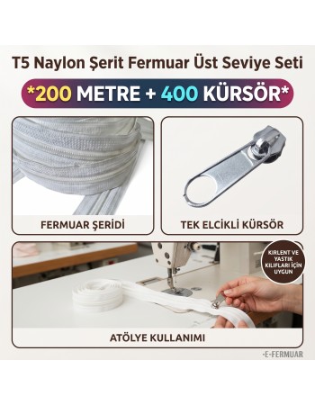 200 Metre T5 Naylon Şerit Fermuar + 400 Kürsör Atölye Paketi ST-T5T-NAYLON-200M400K