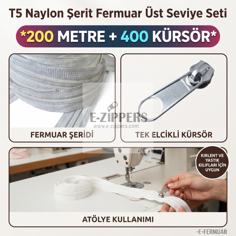 200 metre T5 naylon metraj fermuar 400 tek elcikli kürsör paketi