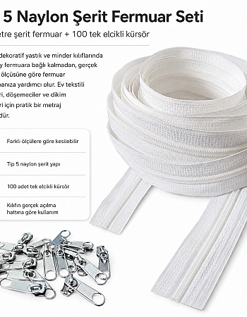 Kırlent, Minder ve Yastık Kılıfları İçin Tip 5 Naylon Şerit Fermuar Seti – 50 Metre + 100 Tek Elcikli Kürsör ST-T5T-NAYLON-50M100K