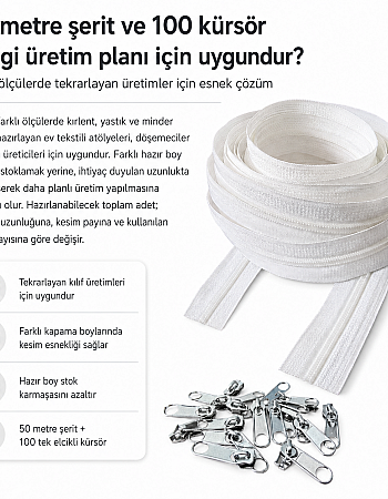 Kırlent, Minder ve Yastık Kılıfları İçin Tip 5 Naylon Şerit Fermuar Seti – 50 Metre + 100 Tek Elcikli Kürsör ST-T5T-NAYLON-50M100K