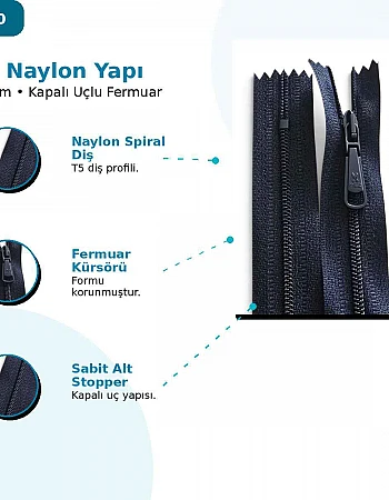 Pantolon ve Etek Fermuarı Naylon 20 cm T5 Kapalı Uçlu NC0020T5M