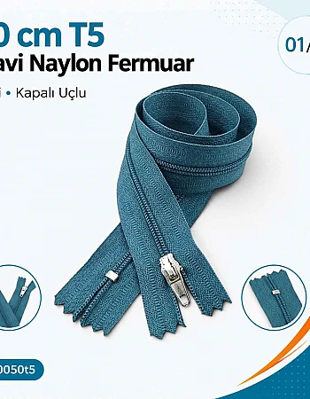 50 cm T5 Mavi Naylon Bobin Dipli Fermuar – Çanta ve Cep Fermuarı ZP0050t5M