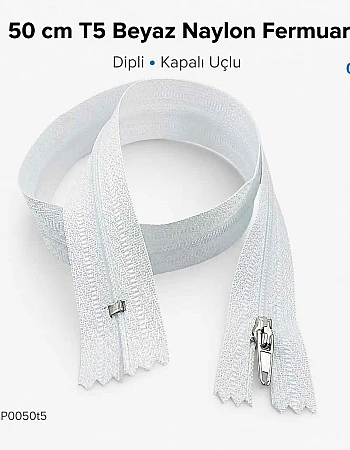 50 cm T5 Beyaz Naylon Bobin Dipli Fermuar – Çanta ve Cep Fermuarı ZP0050t5B