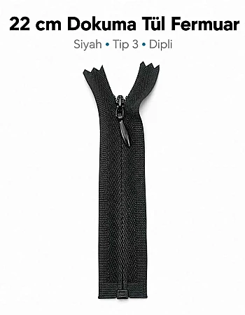 22 cm Siyah Dokuma Tül Dipli Gizli Fermuar – Elbise, Etek ve Abiye İçin ZPG0022DKM