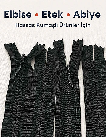 22 cm Siyah Dokuma Tül Dipli Gizli Fermuar – Elbise, Etek ve Abiye İçin ZPG0022DKM