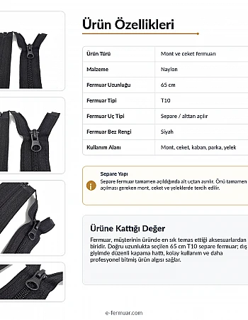 65 cm Naylon Mont Fermuarı | Açık Uçlu Separe Güçlü Kullanım | NC0065T10