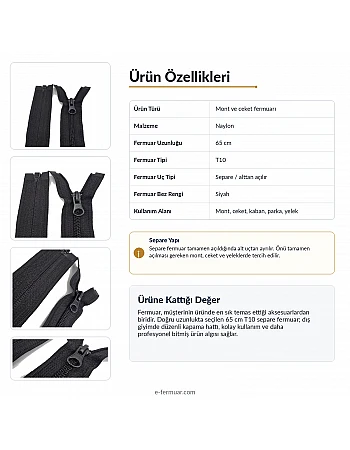 65 cm 25.59" Nylon Jacket Zipper | Open-End Separating Outerwear Zipper | NC0065T10