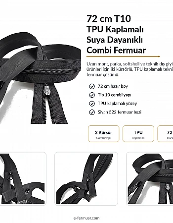 72 cm TPU Su Geçirmez Fermuar | Uzun Teknik Dış Giyim İçin Güçlü Seçim | NC0072SG