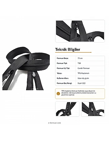 72 cm TPU Su Geçirmez Fermuar | Uzun Teknik Dış Giyim İçin Güçlü Seçim | NC0072SG