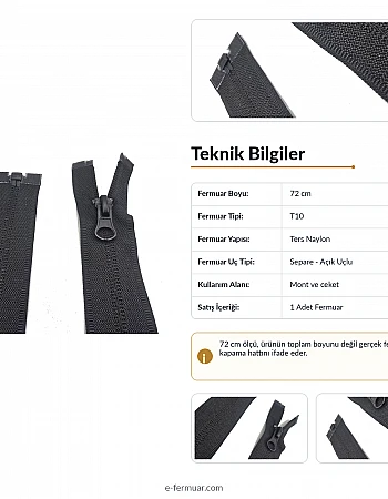 72 cm Naylon Mont Fermuarı | Açık Uçlu Separe Uzun Dış Giyim Modeli | NC0072T10