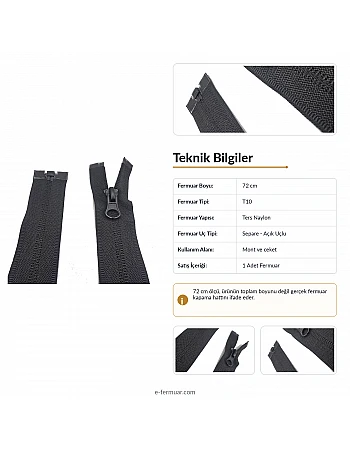 72 cm 28.34" Nylon Jacket Zipper | Long Open-End Outerwear Zipper | NC0072T10