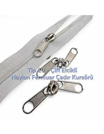 Naylon Fermuar Kursörü Çift Elcikli Tip 10  - Çadır Fermuarı Kursörü - ESB002N10C
