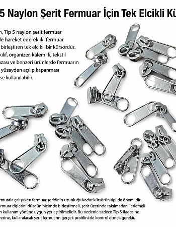 Tip 5 Tek Elcikli Naylon Fermuar Kürsörü – Nikel Zamak KRSTT5