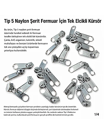 Tip 5 Tek Elcikli Naylon Fermuar Kürsörü – Nikel Zamak KRSTT5