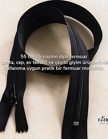 55 cm Siyah T5 Naylon Kapalı Uçlu Fermuar – Dayanıklı Dipli Model - Zp0055t5