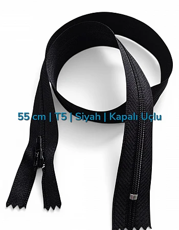 55 cm Siyah T5 Naylon Kapalı Uçlu Fermuar | Cep, Çanta ve Tekstil İçin | ZP0055T5